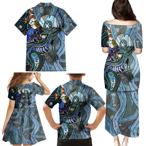 Kangaroo Aboriginal Pattern Dot Art Family Matching Puletasi and Hawaiian Shirt