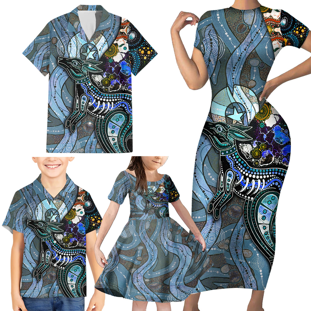 Kangaroo Aboriginal Pattern Dot Art Family Matching Short Sleeve Bodycon Dress and Hawaiian Shirt