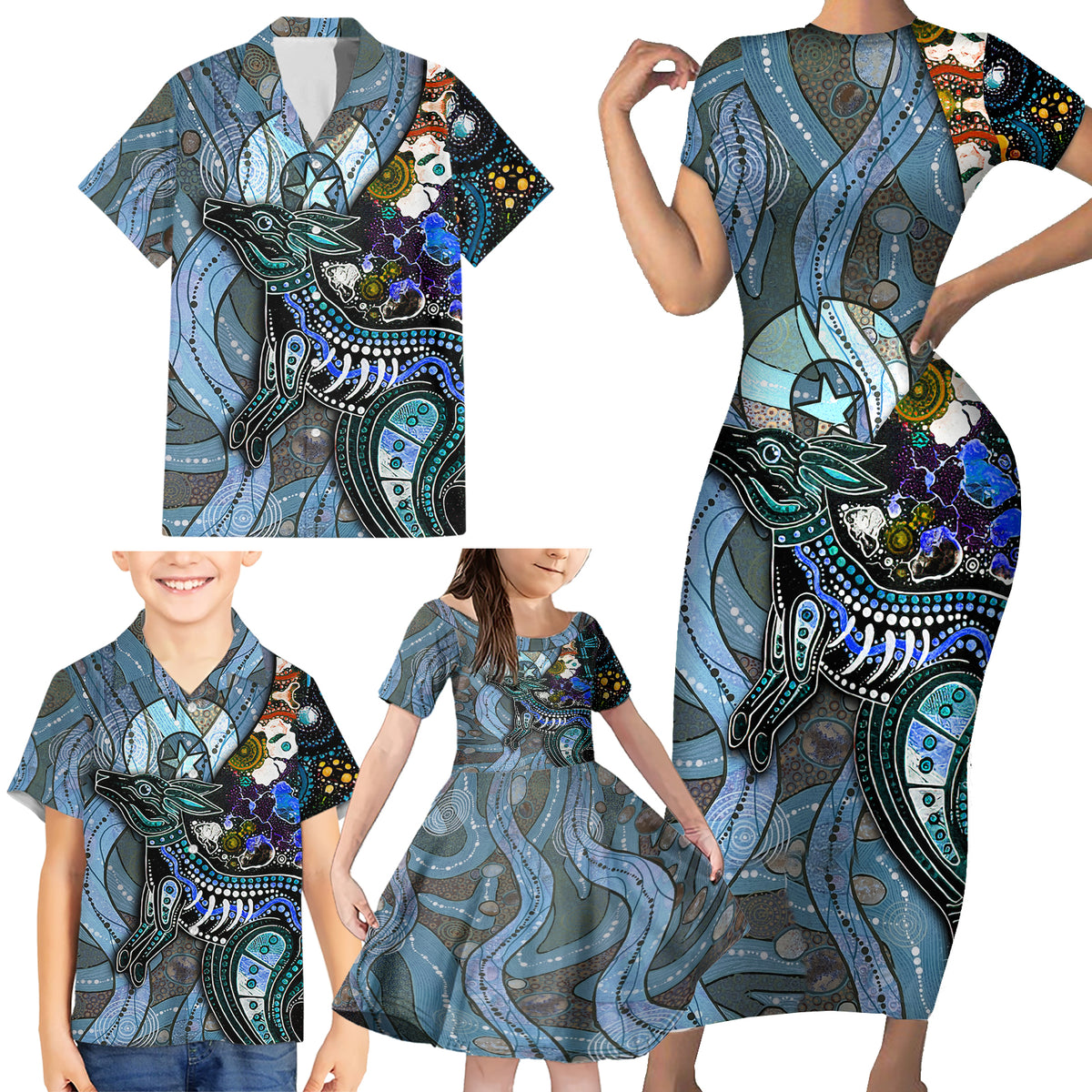 Kangaroo Aboriginal Pattern Dot Art Family Matching Short Sleeve Bodycon Dress and Hawaiian Shirt