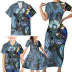 Kangaroo Aboriginal Pattern Dot Art Family Matching Short Sleeve Bodycon Dress and Hawaiian Shirt