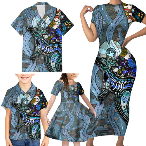 Kangaroo Aboriginal Pattern Dot Art Family Matching Short Sleeve Bodycon Dress and Hawaiian Shirt