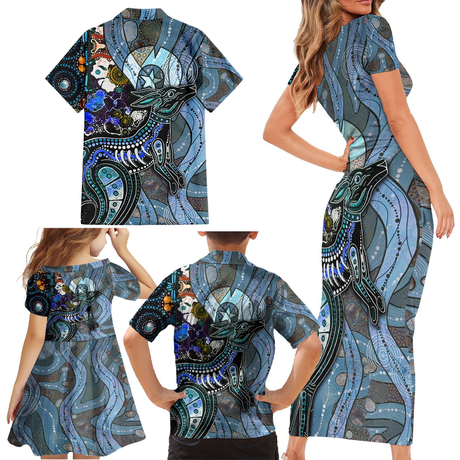 Kangaroo Aboriginal Pattern Dot Art Family Matching Short Sleeve Bodycon Dress and Hawaiian Shirt