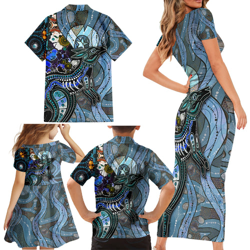 Kangaroo Aboriginal Pattern Dot Art Family Matching Short Sleeve Bodycon Dress and Hawaiian Shirt