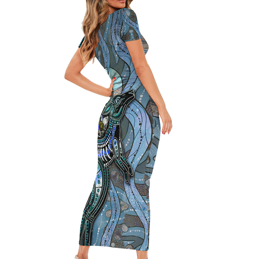Kangaroo Aboriginal Pattern Dot Art Family Matching Short Sleeve Bodycon Dress and Hawaiian Shirt