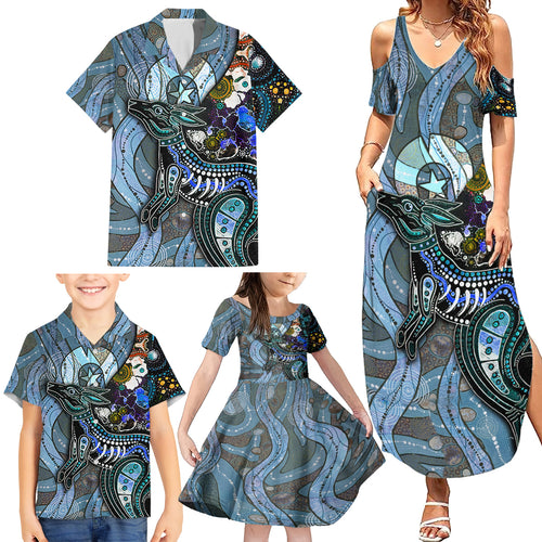 Kangaroo Aboriginal Pattern Dot Art Family Matching Summer Maxi Dress and Hawaiian Shirt