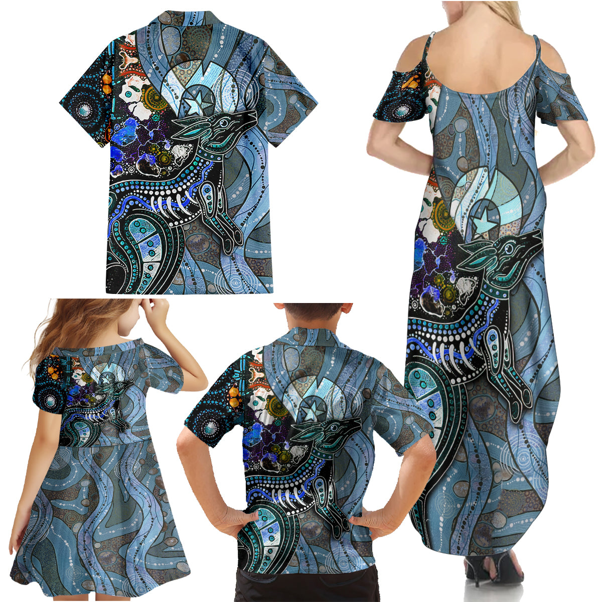 Kangaroo Aboriginal Pattern Dot Art Family Matching Summer Maxi Dress and Hawaiian Shirt