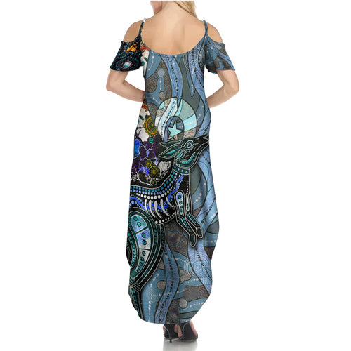 Kangaroo Aboriginal Pattern Dot Art Family Matching Summer Maxi Dress and Hawaiian Shirt