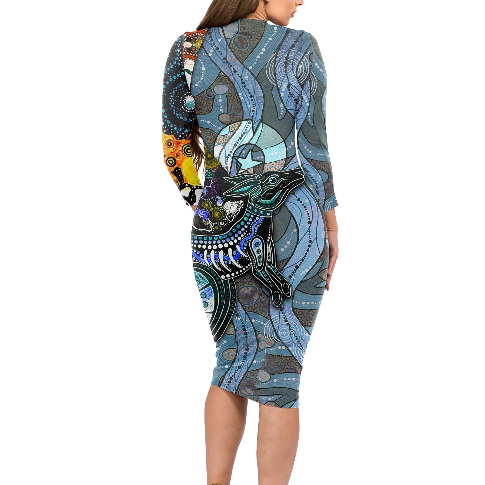 Kangaroo Aboriginal Pattern Dot Art Long Sleeve Bodycon Dress