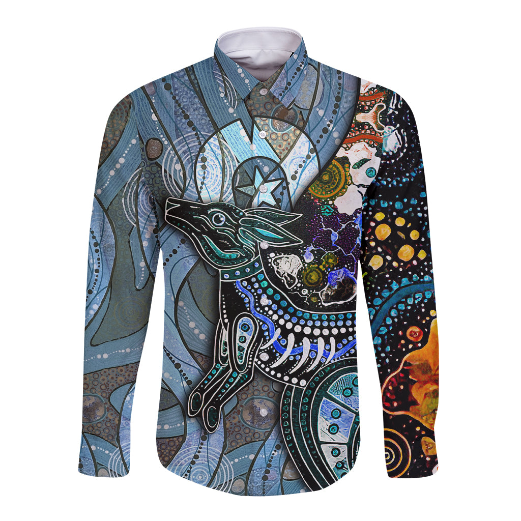 Kangaroo Aboriginal Pattern Dot Art Long Sleeve Button Shirt