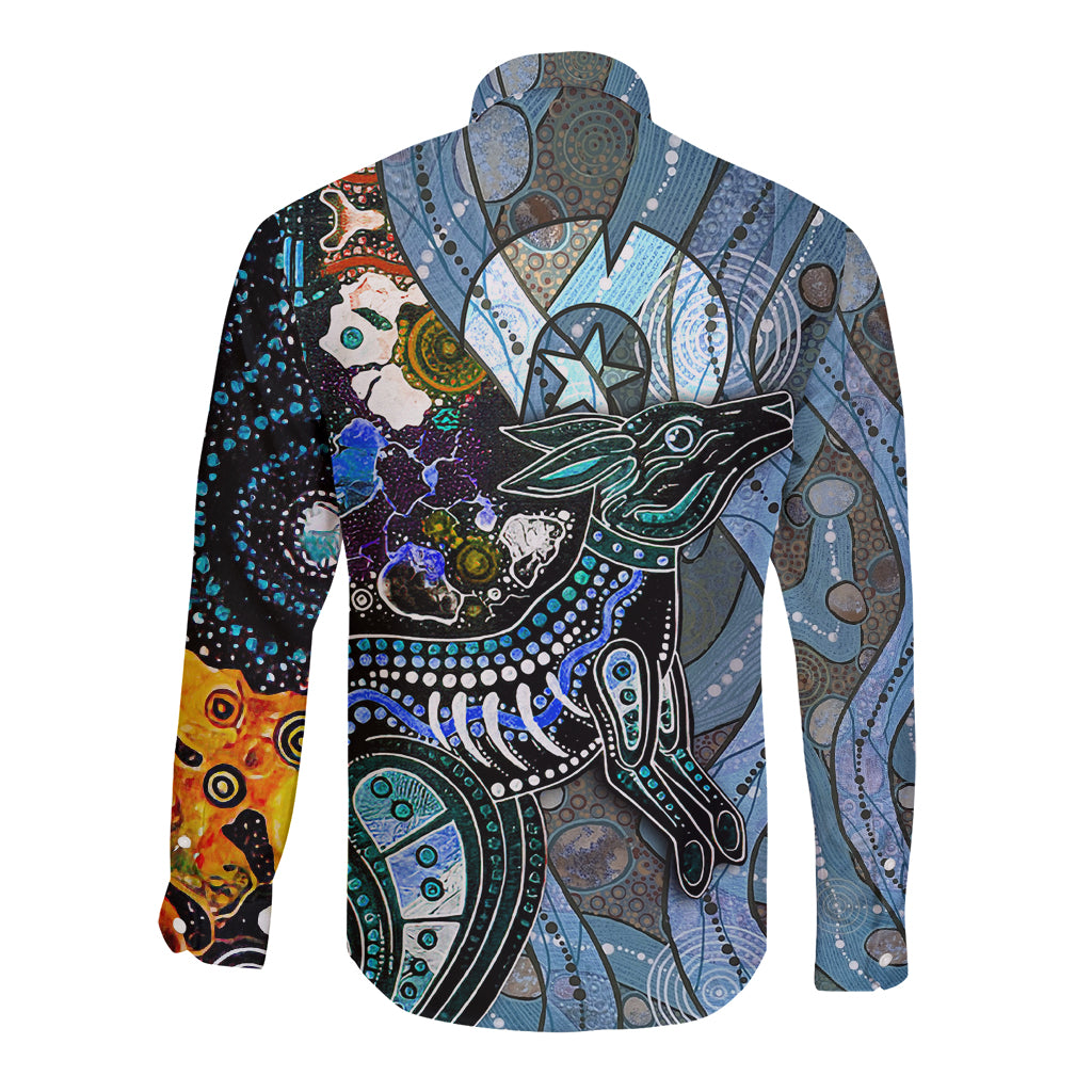 Kangaroo Aboriginal Pattern Dot Art Long Sleeve Button Shirt