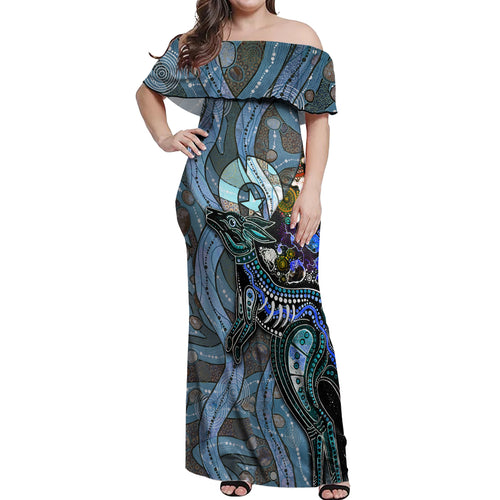 Kangaroo Aboriginal Pattern Dot Art Off Shoulder Maxi Dress