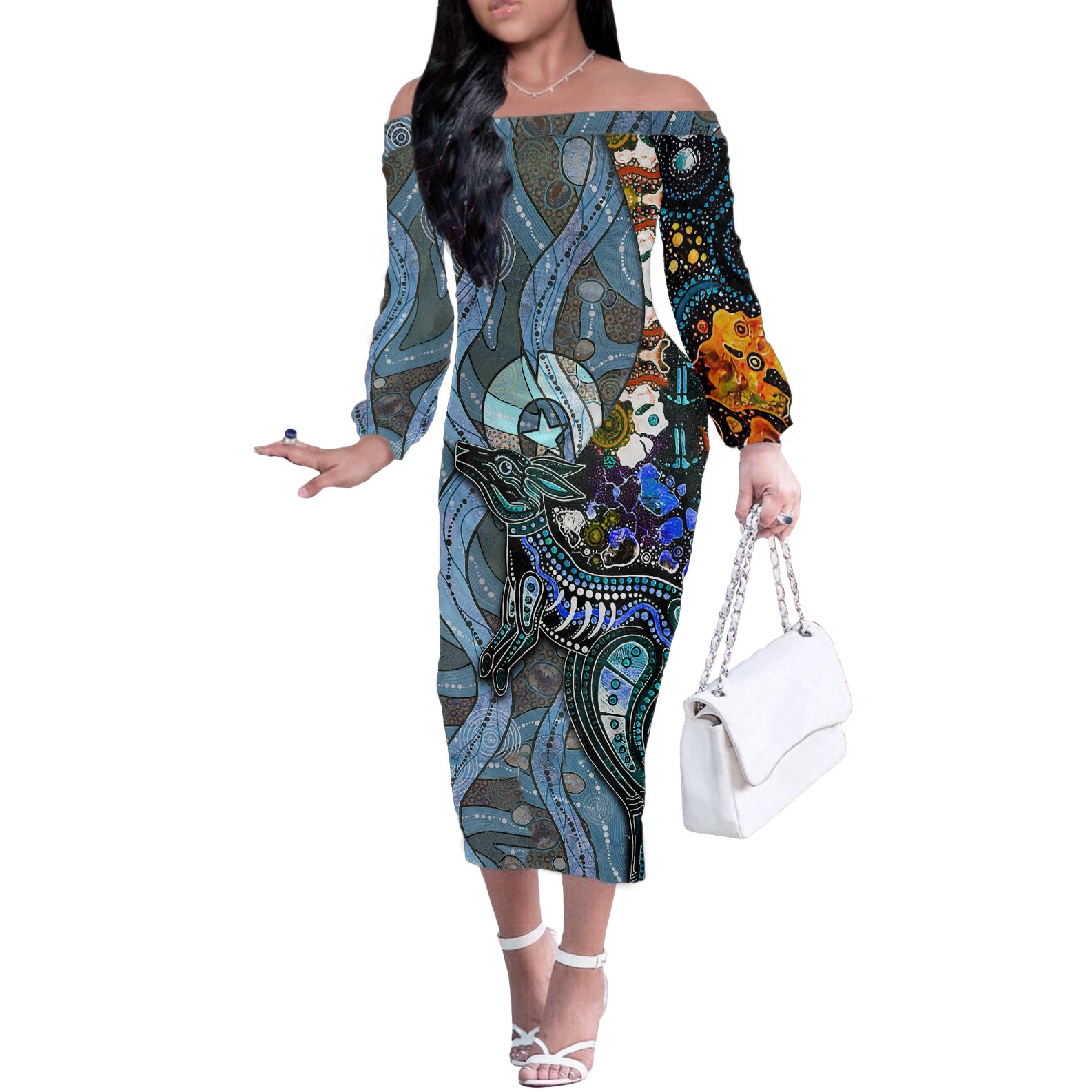 Kangaroo Aboriginal Pattern Dot Art Off The Shoulder Long Sleeve Dress