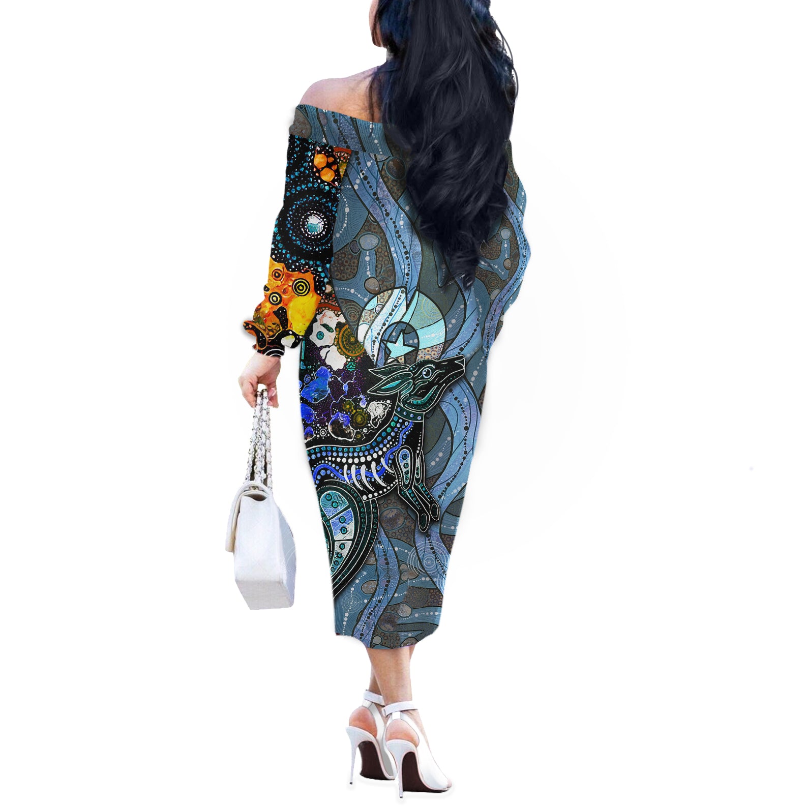 Kangaroo Aboriginal Pattern Dot Art Off The Shoulder Long Sleeve Dress