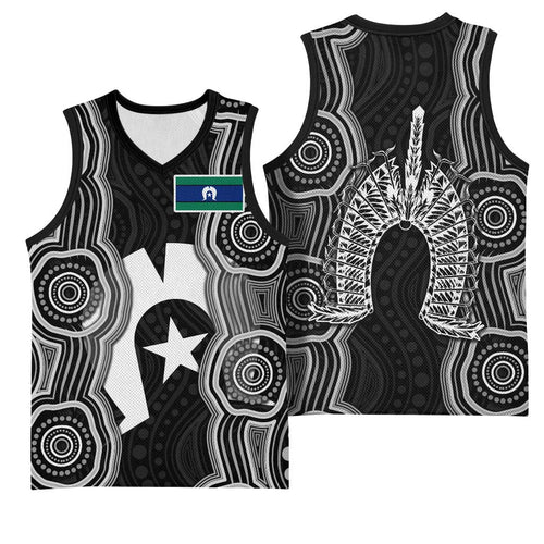 Torres Strait Islander Basketball Jersey Flag Feather Headdress Indigenous Dotwork Tribal Art