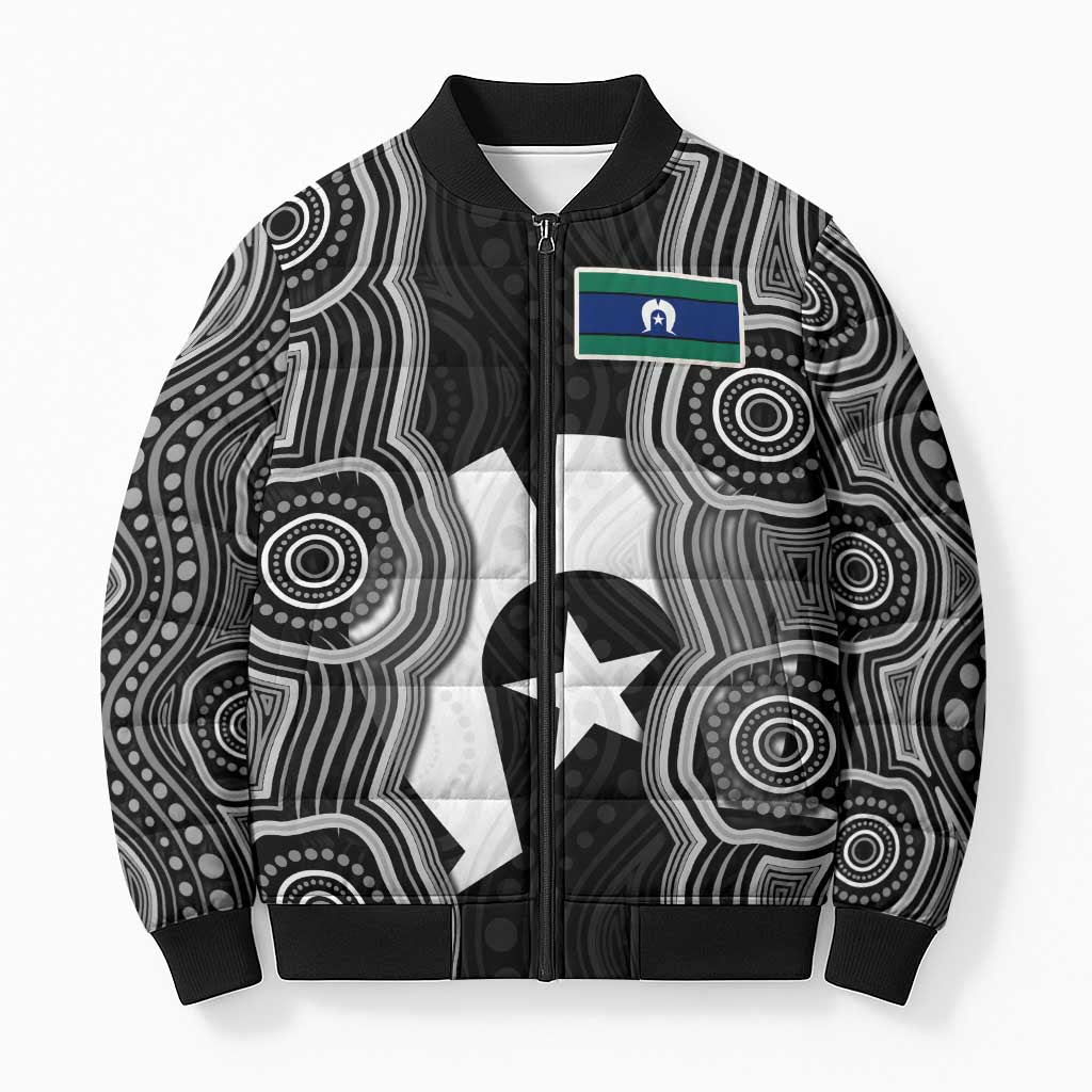 Torres Strait Islander Bomber Puffer Jacket Flag Feather Headdress Indigenous Dotwork Tribal Art