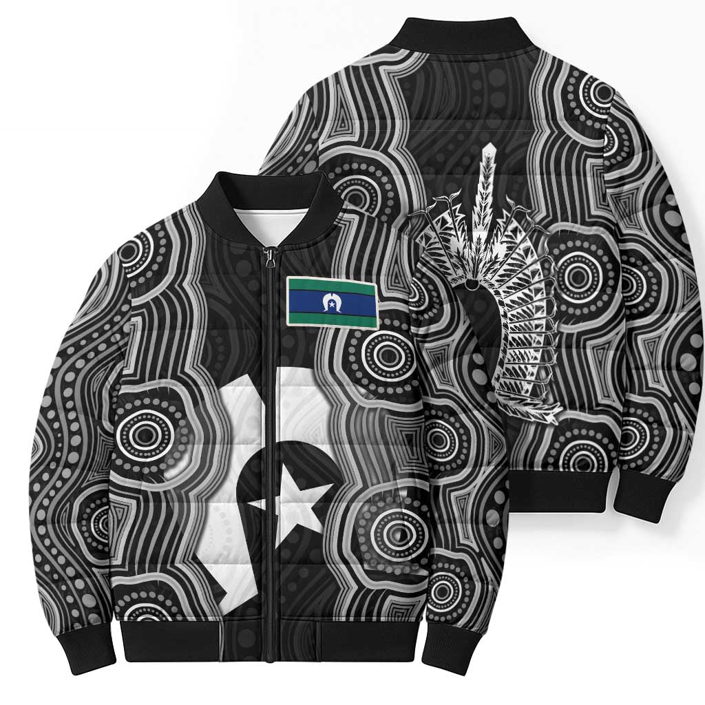 Torres Strait Islander Bomber Puffer Jacket Flag Feather Headdress Indigenous Dotwork Tribal Art