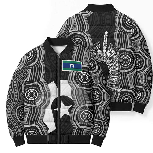 Torres Strait Islander Bomber Puffer Jacket Flag Feather Headdress Indigenous Dotwork Tribal Art