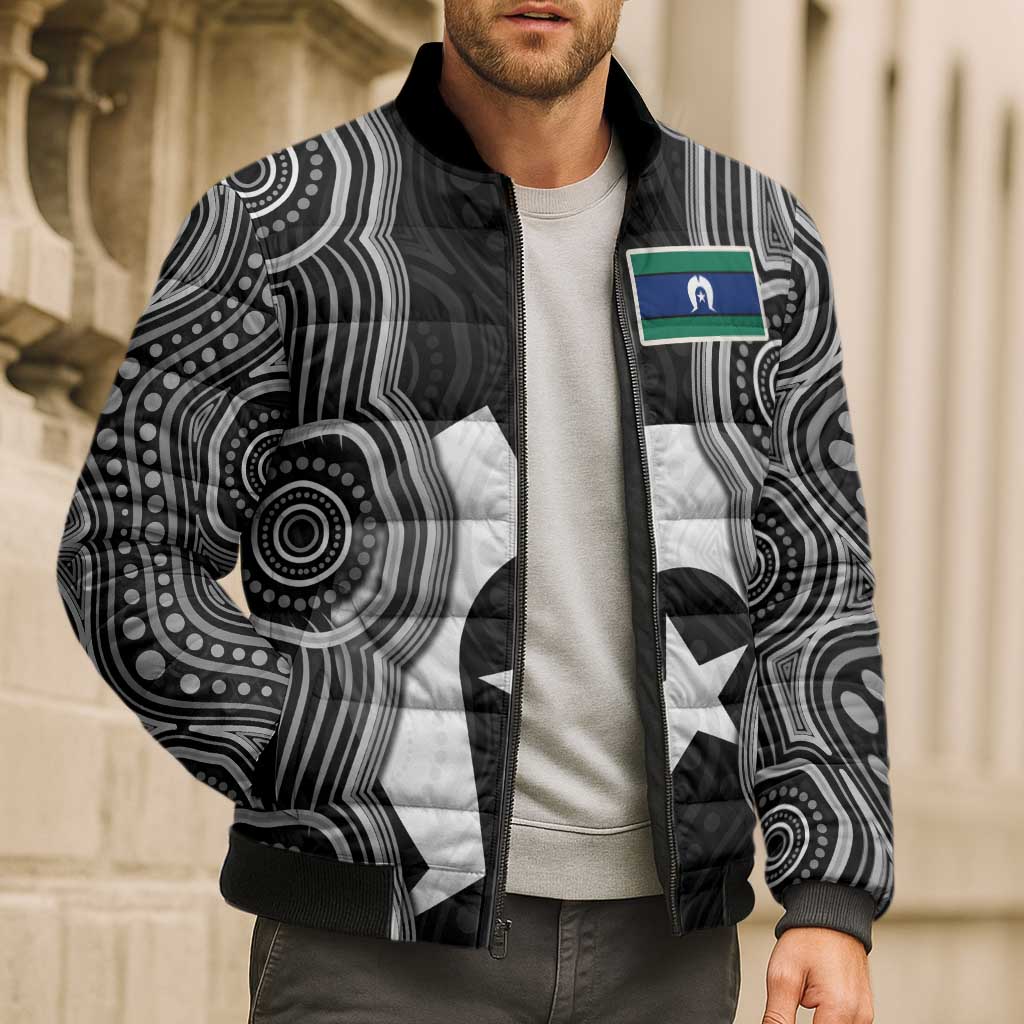 Torres Strait Islander Bomber Puffer Jacket Flag Feather Headdress Indigenous Dotwork Tribal Art