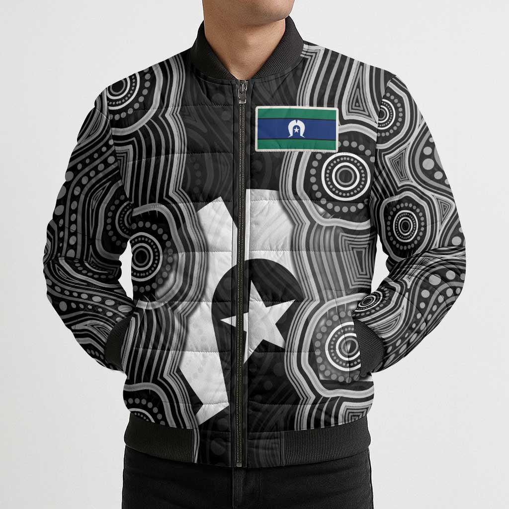 Torres Strait Islander Bomber Puffer Jacket Flag Feather Headdress Indigenous Dotwork Tribal Art