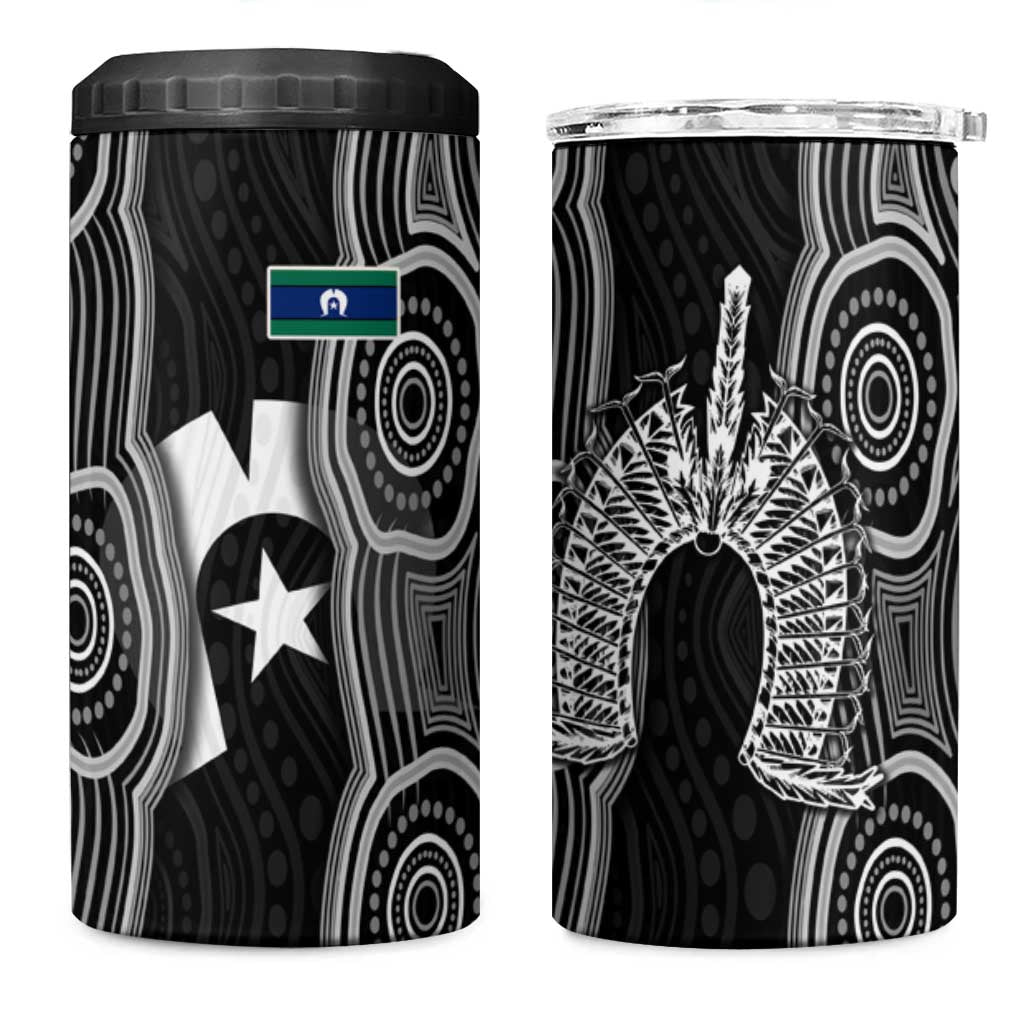 Torres Strait Islander 4 in 1 Can Cooler Tumbler Flag Feather Headdress Indigenous Dotwork Tribal Art
