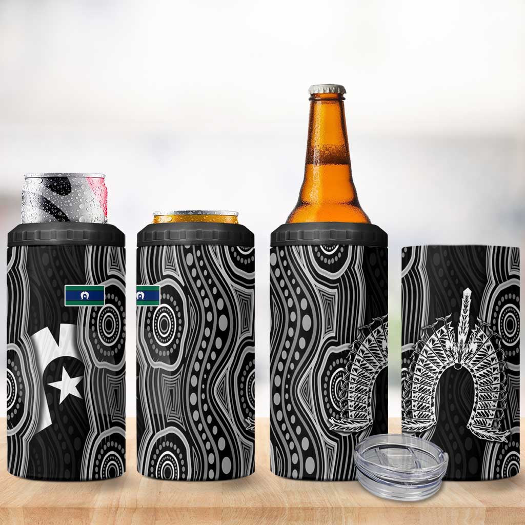 Torres Strait Islander 4 in 1 Can Cooler Tumbler Flag Feather Headdress Indigenous Dotwork Tribal Art