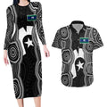 Torres Strait Islander Couples Matching Long Sleeve Bodycon Dress and Hawaiian Shirt Flag Feather Headdress Indigenous Dotwork Tribal Art