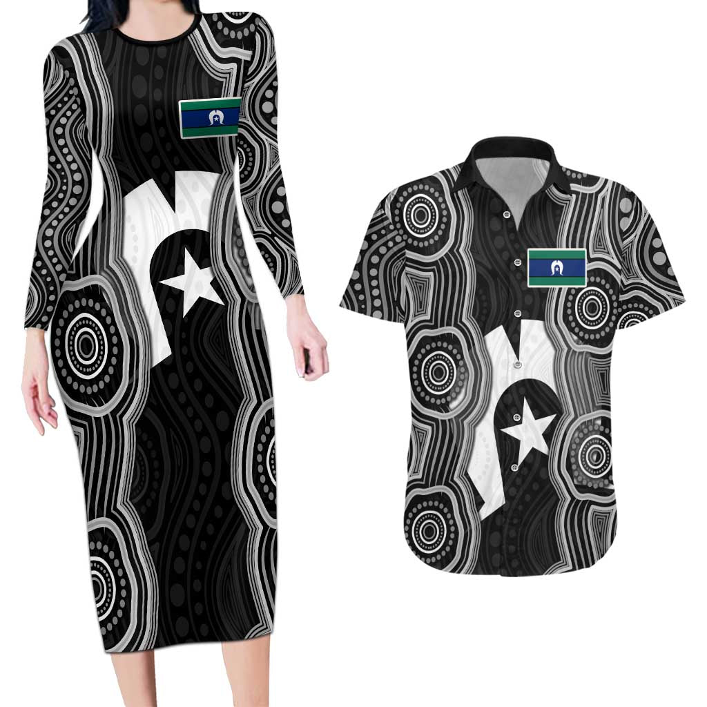 Torres Strait Islander Couples Matching Long Sleeve Bodycon Dress and Hawaiian Shirt Flag Feather Headdress Indigenous Dotwork Tribal Art