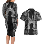 Torres Strait Islander Couples Matching Long Sleeve Bodycon Dress and Hawaiian Shirt Flag Feather Headdress Indigenous Dotwork Tribal Art