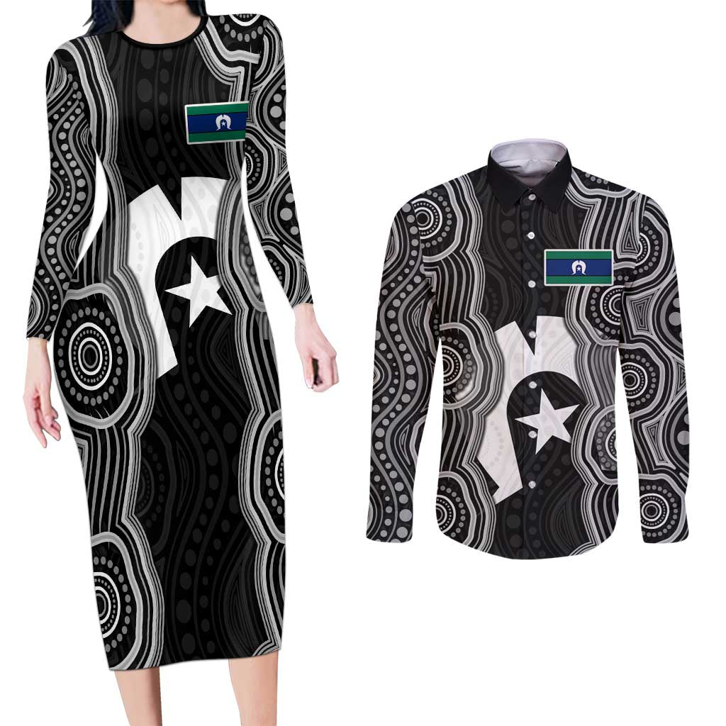 Torres Strait Islander Couples Matching Long Sleeve Bodycon Dress and Long Sleeve Button Shirt Flag Feather Headdress Indigenous Dotwork Tribal Art