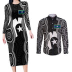 Torres Strait Islander Couples Matching Long Sleeve Bodycon Dress and Long Sleeve Button Shirt Flag Feather Headdress Indigenous Dotwork Tribal Art