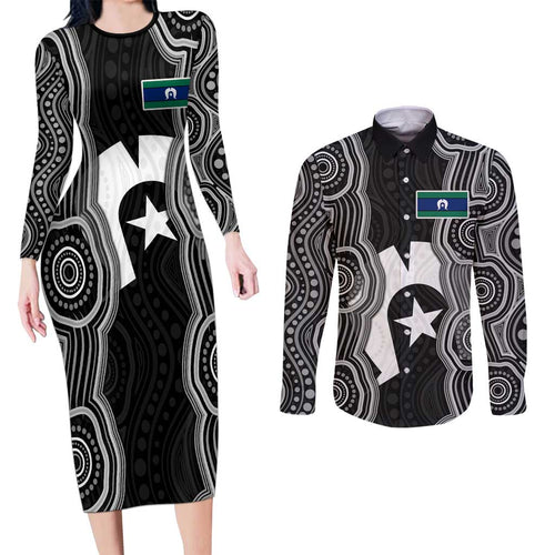 Torres Strait Islander Couples Matching Long Sleeve Bodycon Dress and Long Sleeve Button Shirt Flag Feather Headdress Indigenous Dotwork Tribal Art
