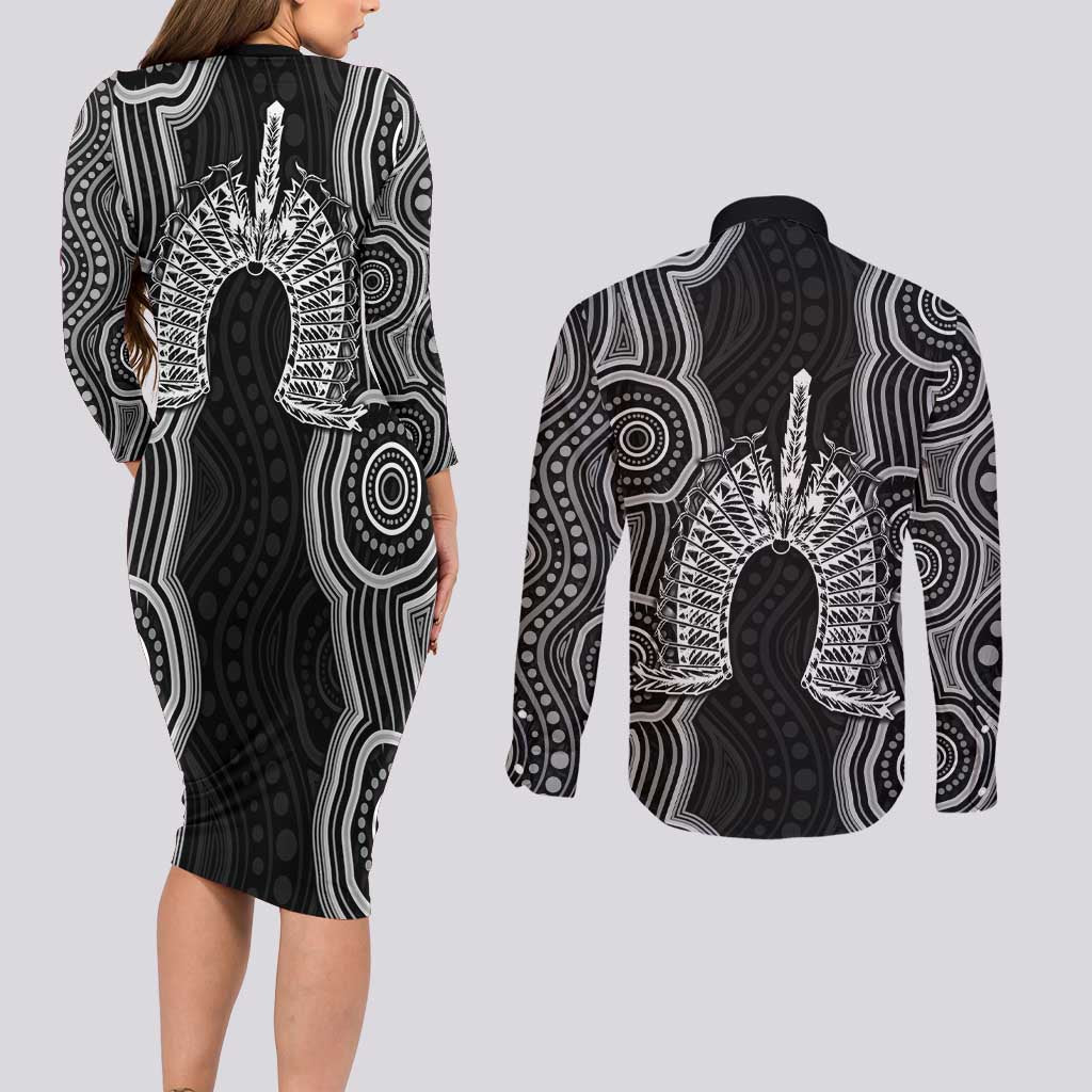 Torres Strait Islander Couples Matching Long Sleeve Bodycon Dress and Long Sleeve Button Shirt Flag Feather Headdress Indigenous Dotwork Tribal Art