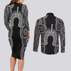 Torres Strait Islander Couples Matching Long Sleeve Bodycon Dress and Long Sleeve Button Shirt Flag Feather Headdress Indigenous Dotwork Tribal Art