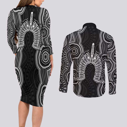 Torres Strait Islander Couples Matching Long Sleeve Bodycon Dress and Long Sleeve Button Shirt Flag Feather Headdress Indigenous Dotwork Tribal Art