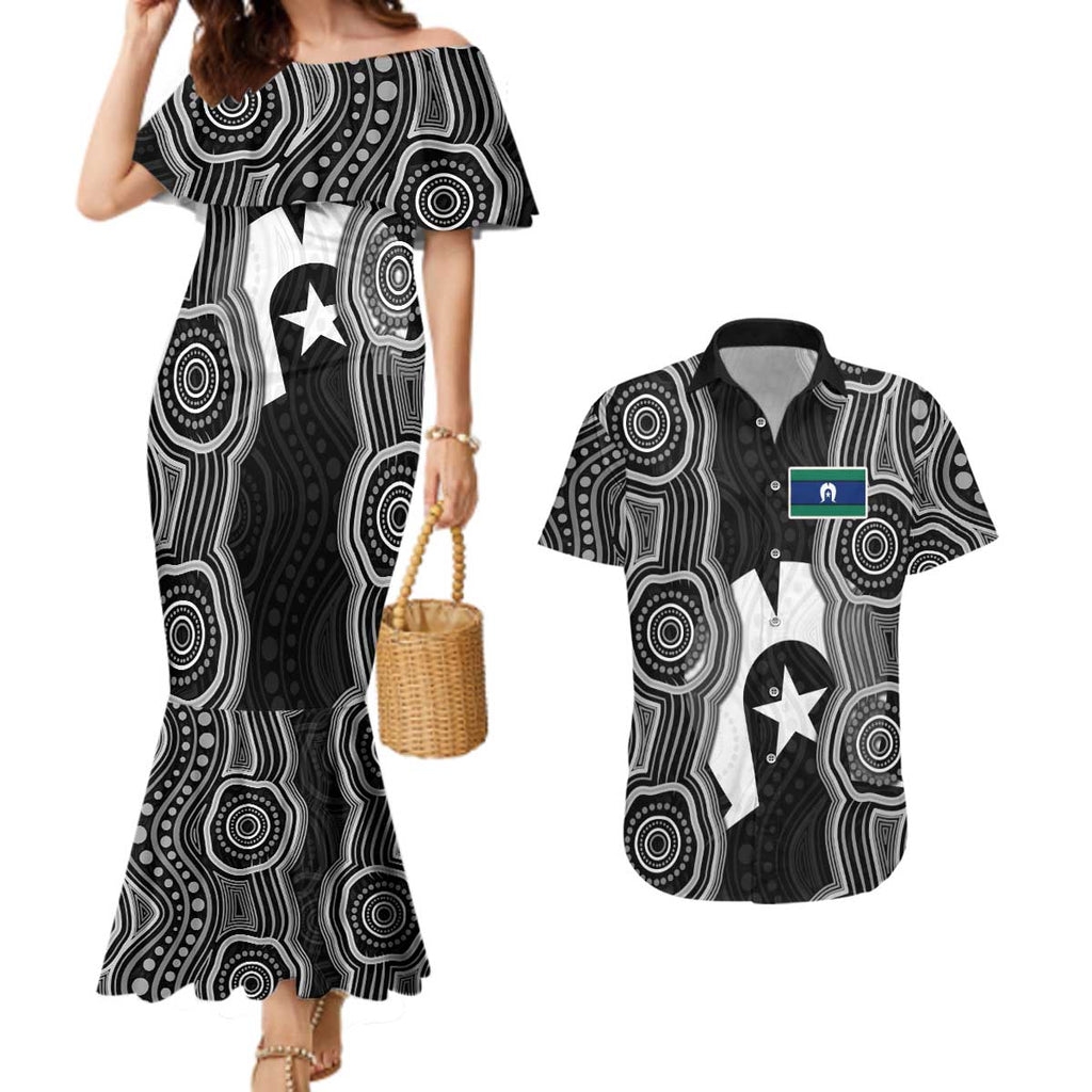 Torres Strait Islander Couples Matching Mermaid Dress and Hawaiian Shirt Flag Feather Headdress Indigenous Dotwork Tribal Art