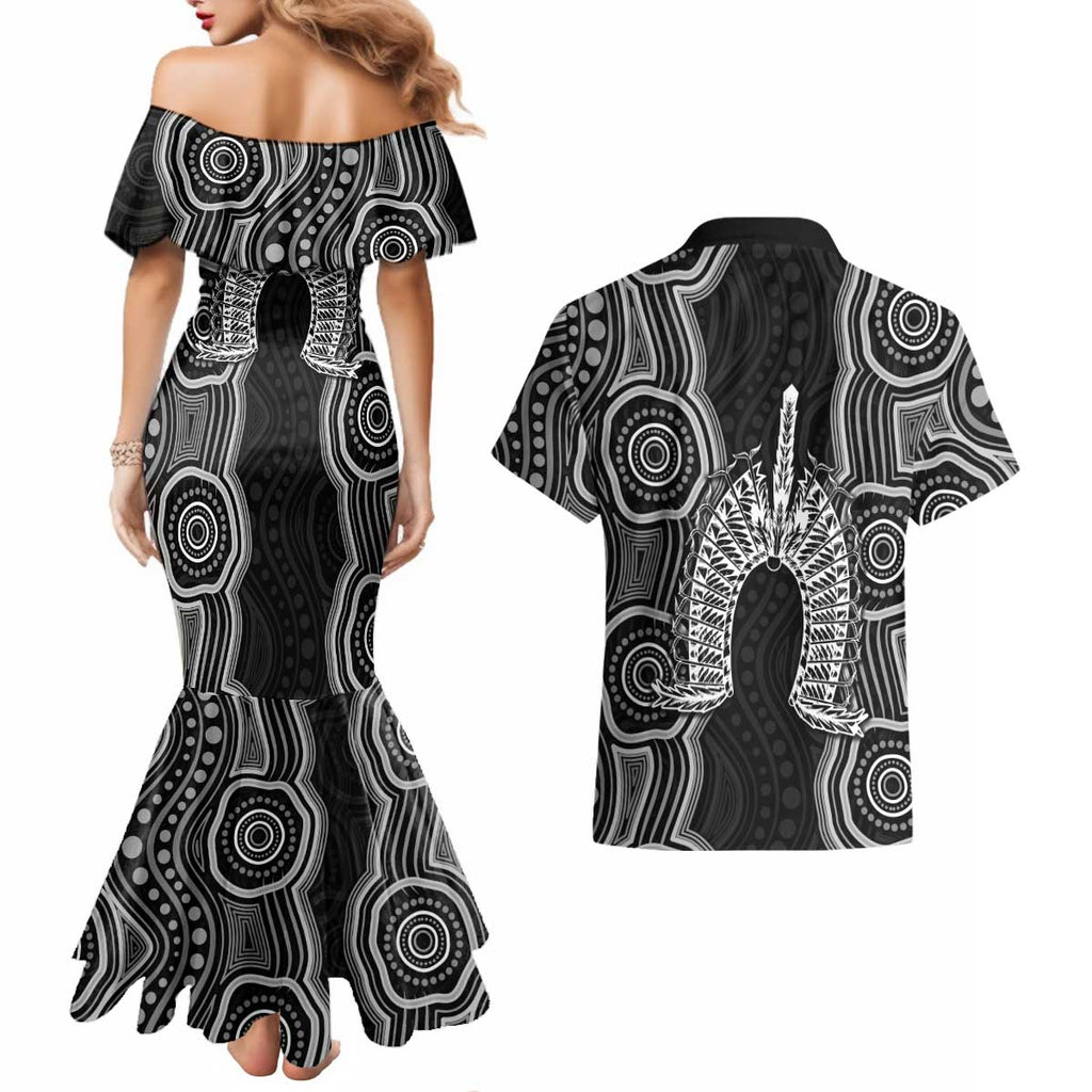 Torres Strait Islander Couples Matching Mermaid Dress and Hawaiian Shirt Flag Feather Headdress Indigenous Dotwork Tribal Art
