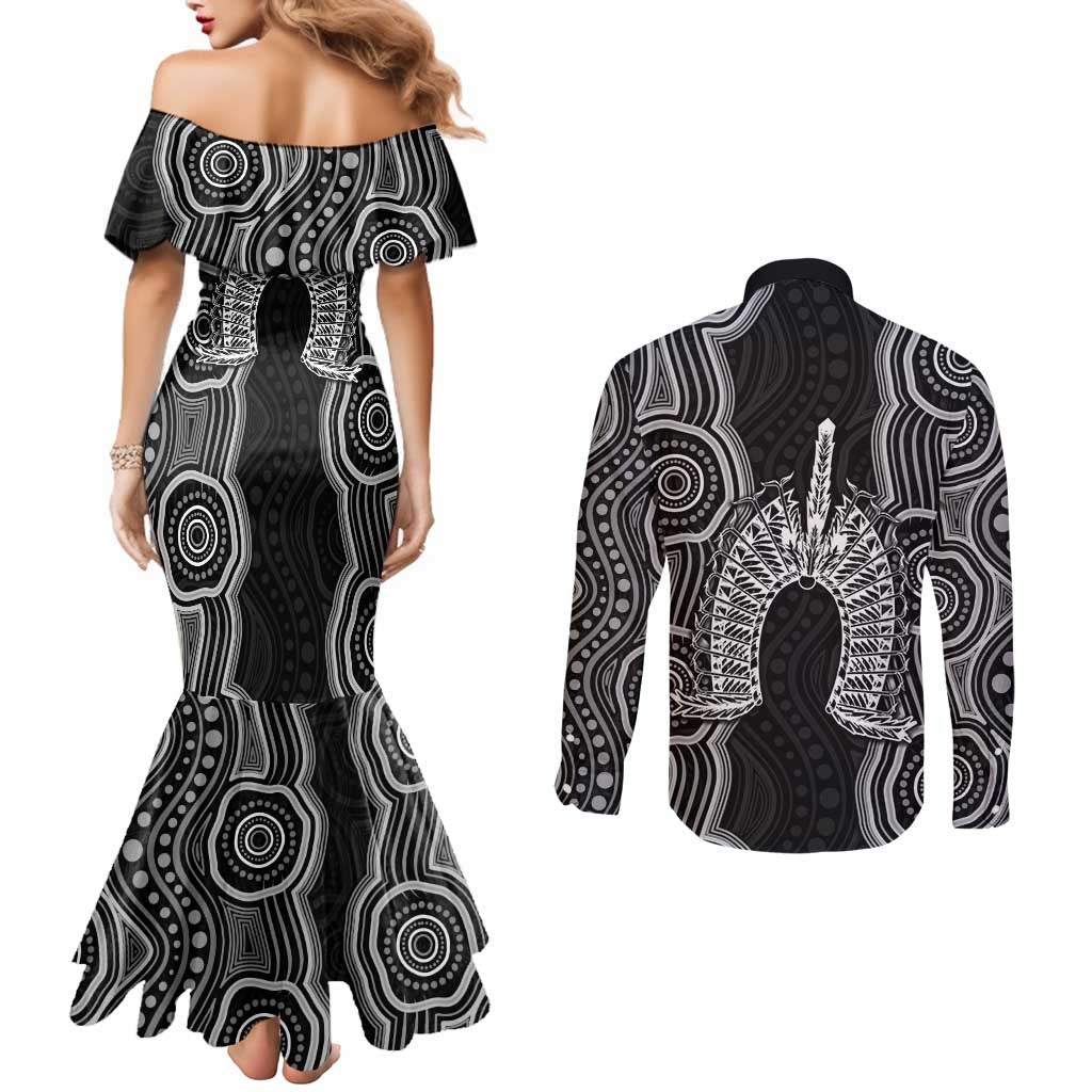 Torres Strait Islander Couples Matching Mermaid Dress and Long Sleeve Button Shirt Flag Feather Headdress Indigenous Dotwork Tribal Art