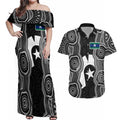 Torres Strait Islander Couples Matching Off Shoulder Maxi Dress and Hawaiian Shirt Flag Feather Headdress Indigenous Dotwork Tribal Art