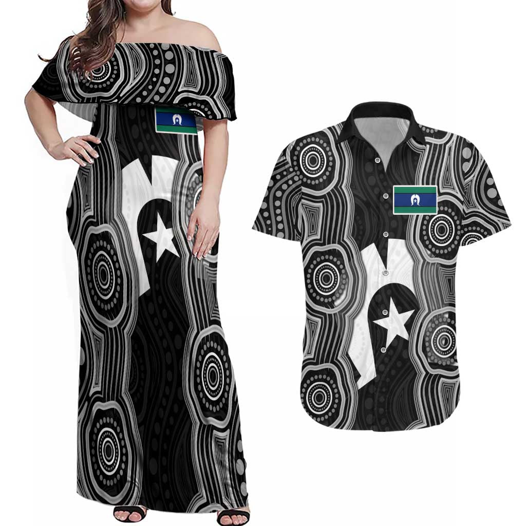 Torres Strait Islander Couples Matching Off Shoulder Maxi Dress and Hawaiian Shirt Flag Feather Headdress Indigenous Dotwork Tribal Art