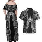 Torres Strait Islander Couples Matching Off Shoulder Maxi Dress and Hawaiian Shirt Flag Feather Headdress Indigenous Dotwork Tribal Art