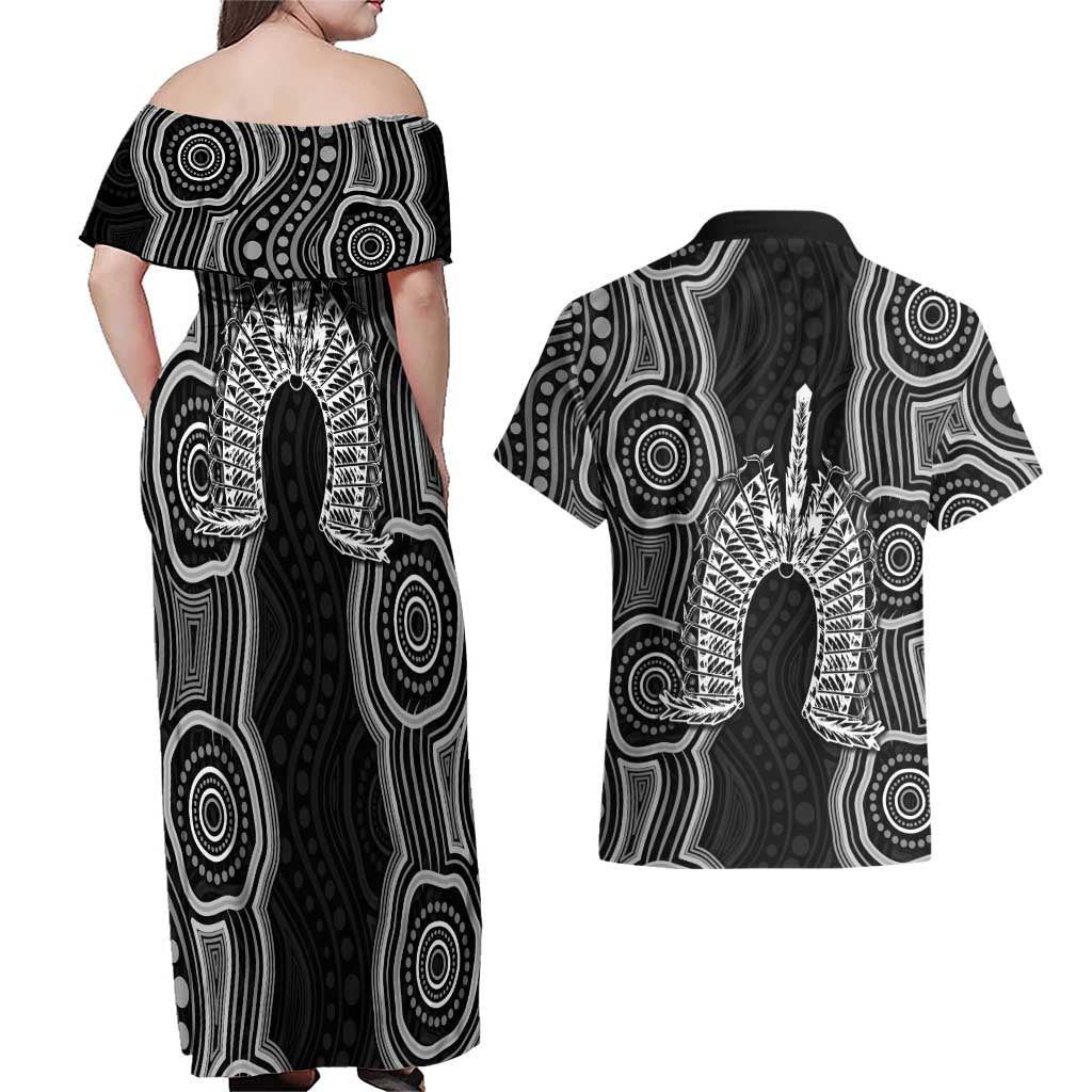 Torres Strait Islander Couples Matching Off Shoulder Maxi Dress and Hawaiian Shirt Flag Feather Headdress Indigenous Dotwork Tribal Art