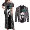 Torres Strait Islander Couples Matching Off Shoulder Maxi Dress and Long Sleeve Button Shirt Flag Feather Headdress Indigenous Dotwork Tribal Art