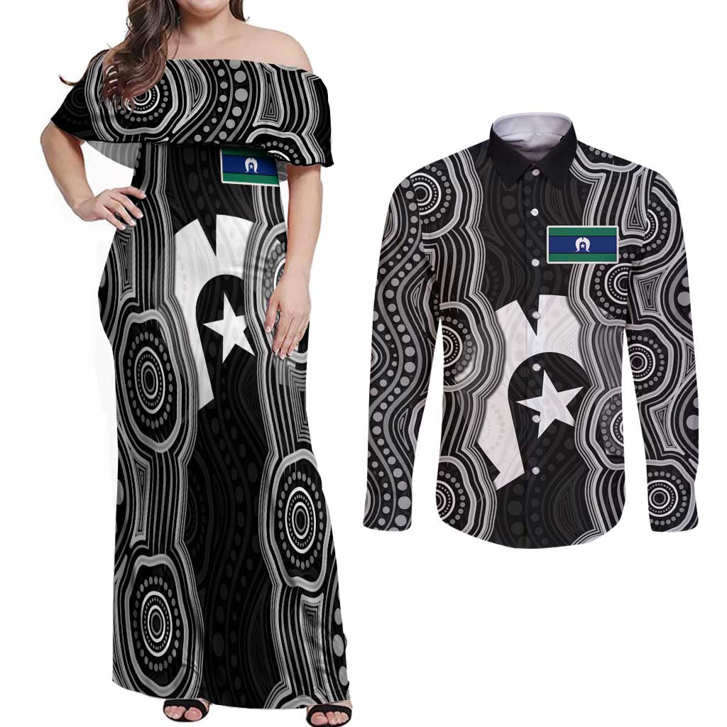 Torres Strait Islander Couples Matching Off Shoulder Maxi Dress and Long Sleeve Button Shirt Flag Feather Headdress Indigenous Dotwork Tribal Art