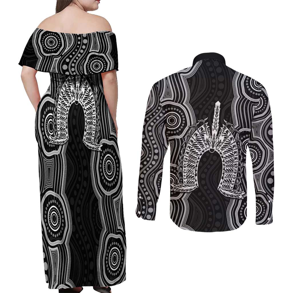Torres Strait Islander Couples Matching Off Shoulder Maxi Dress and Long Sleeve Button Shirt Flag Feather Headdress Indigenous Dotwork Tribal Art