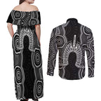 Torres Strait Islander Couples Matching Off Shoulder Maxi Dress and Long Sleeve Button Shirt Flag Feather Headdress Indigenous Dotwork Tribal Art
