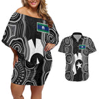 Torres Strait Islander Couples Matching Off Shoulder Short Dress and Hawaiian Shirt Flag Feather Headdress Indigenous Dotwork Tribal Art