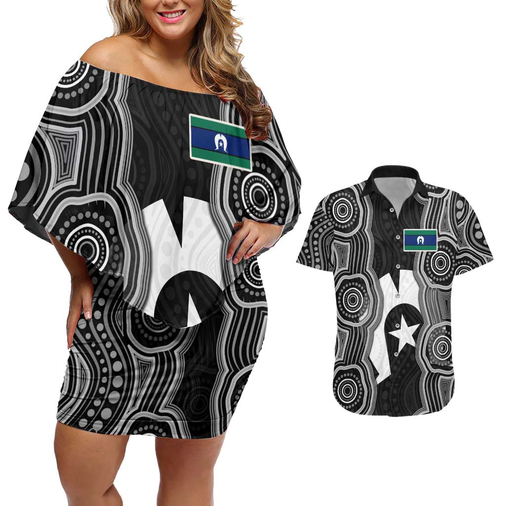 Torres Strait Islander Couples Matching Off Shoulder Short Dress and Hawaiian Shirt Flag Feather Headdress Indigenous Dotwork Tribal Art