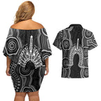 Torres Strait Islander Couples Matching Off Shoulder Short Dress and Hawaiian Shirt Flag Feather Headdress Indigenous Dotwork Tribal Art