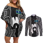 Torres Strait Islander Couples Matching Off Shoulder Short Dress and Long Sleeve Button Shirt Flag Feather Headdress Indigenous Dotwork Tribal Art