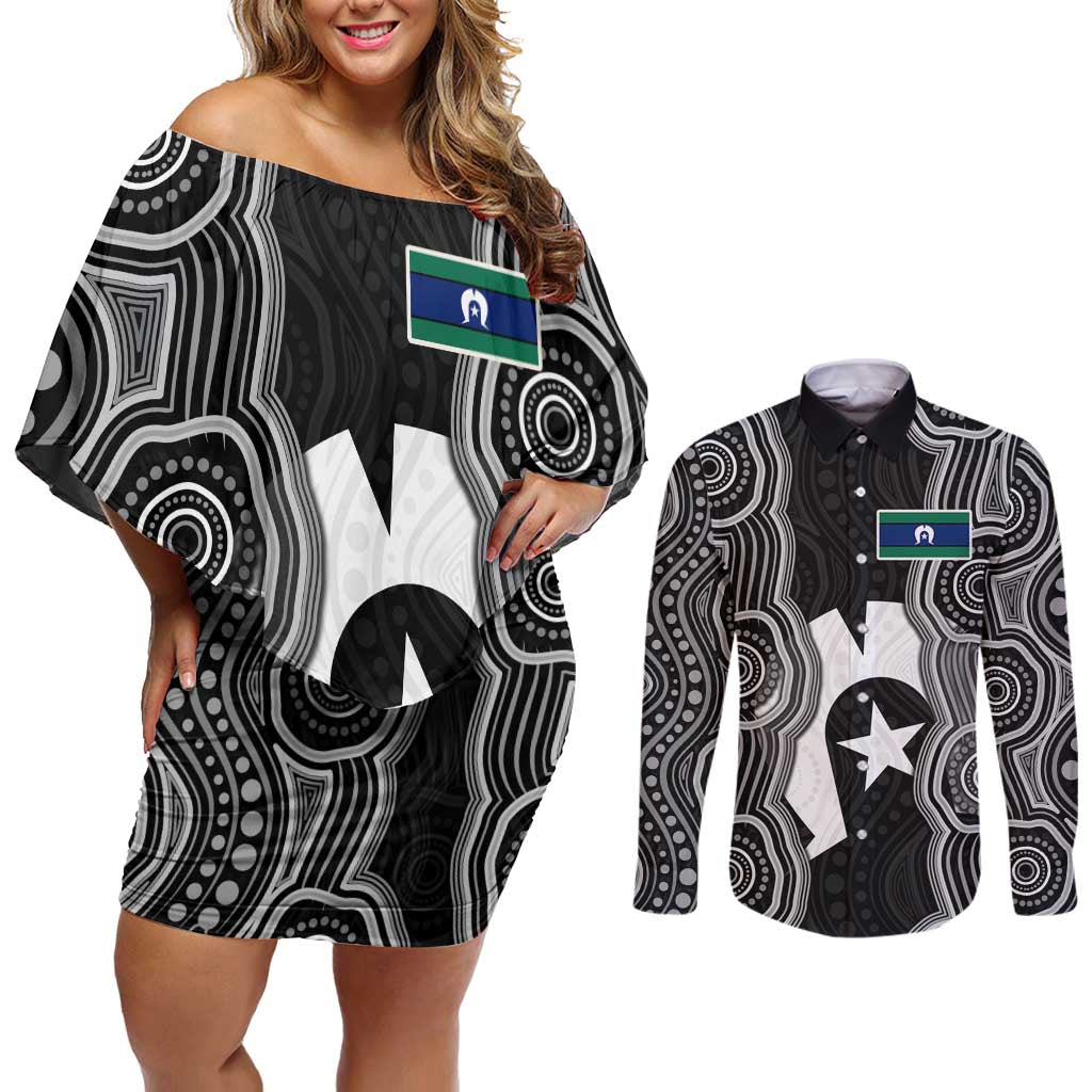 Torres Strait Islander Couples Matching Off Shoulder Short Dress and Long Sleeve Button Shirt Flag Feather Headdress Indigenous Dotwork Tribal Art